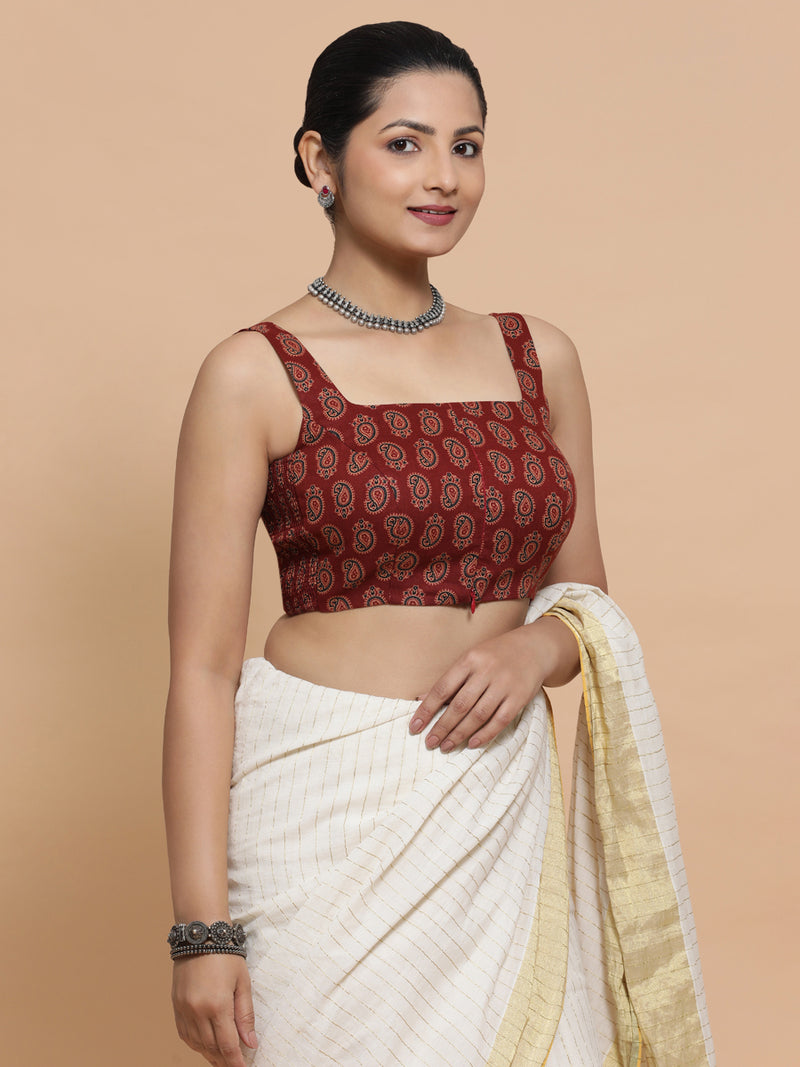Naina x Rozaana | Sleeveless Cotton Saree Blouse in Red Mango Block Print Fabric-Binks