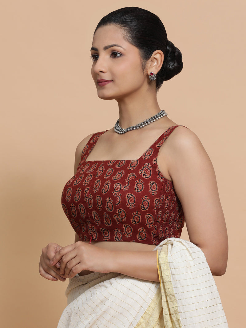 Naina x Rozaana | Sleeveless Cotton Saree Blouse in Red Mango Block Print Fabric-Binks
