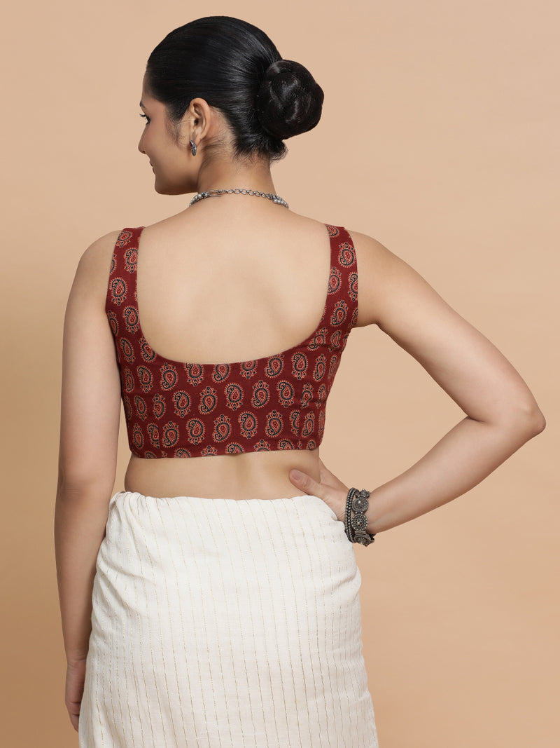 Naina x Rozaana | Sleeveless Cotton Saree Blouse in Red Mango Block Print Fabric-Binks