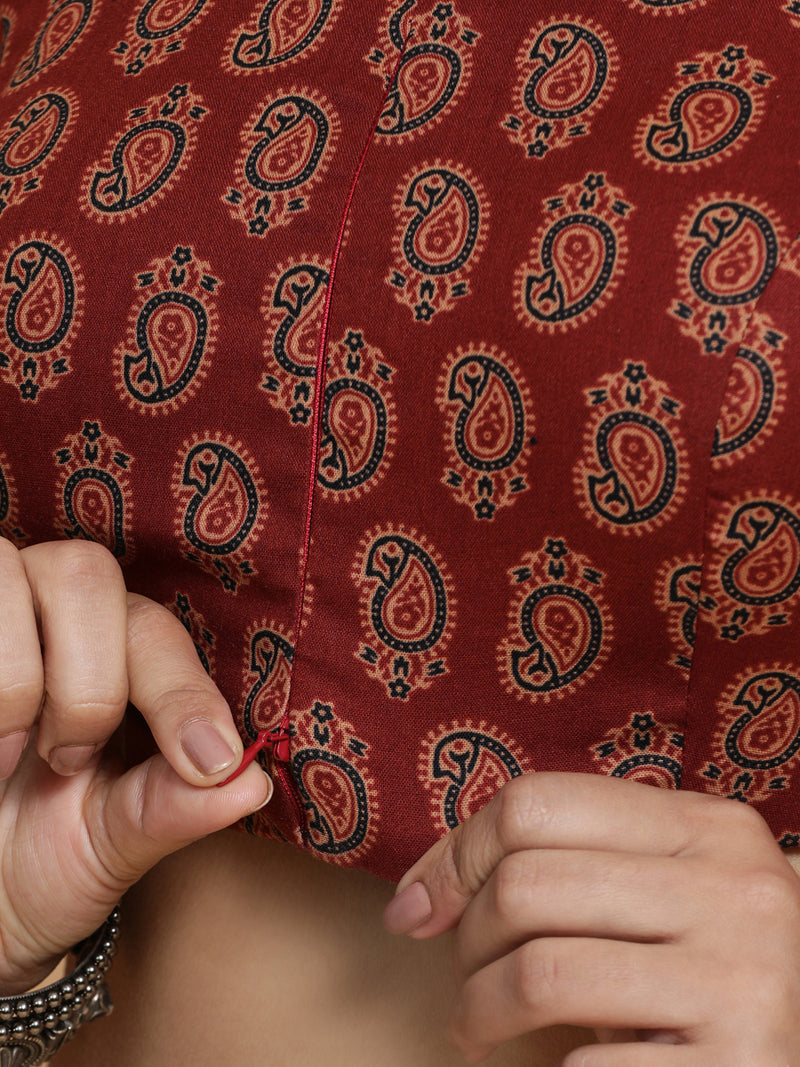 Naina x Rozaana | Sleeveless Cotton Saree Blouse in Red Mango Block Print Fabric-Binks