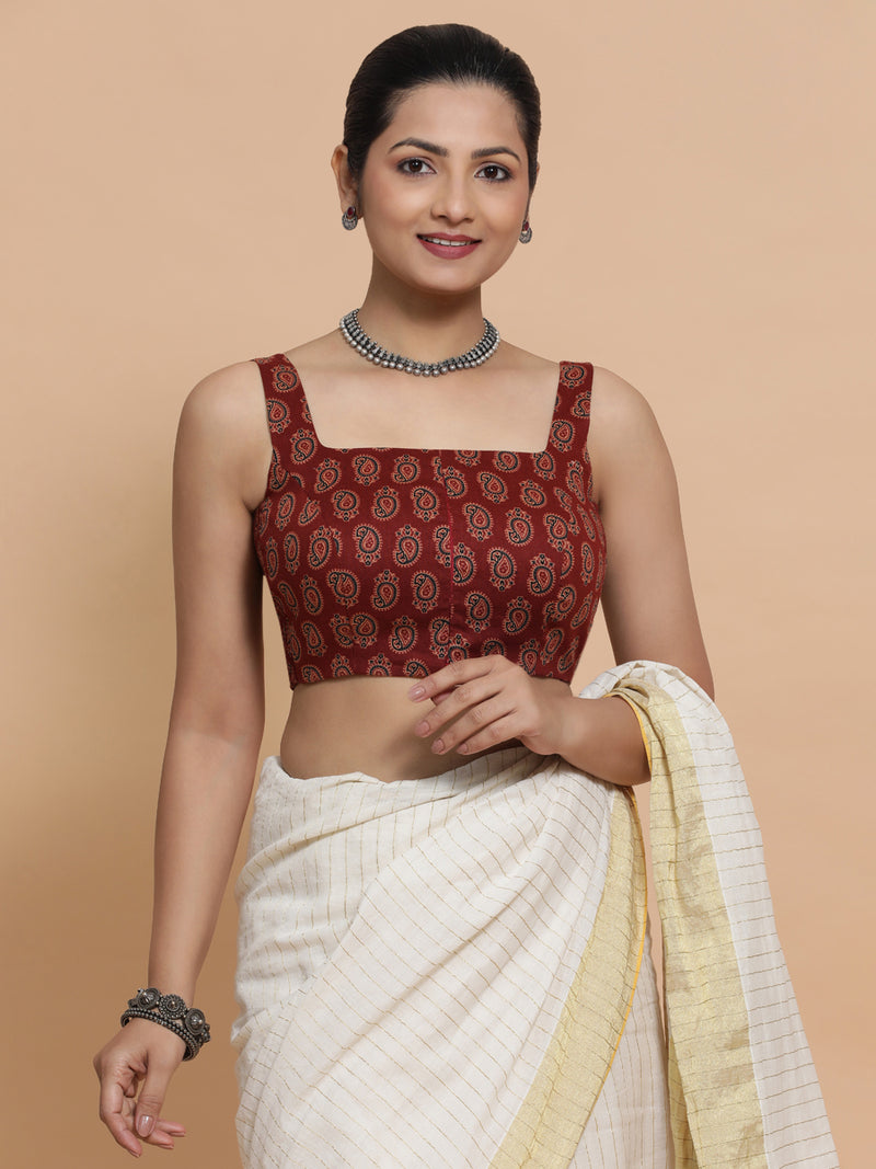 Naina x Rozaana | Sleeveless Cotton Saree Blouse in Red Mango Block Print Fabric-Binks