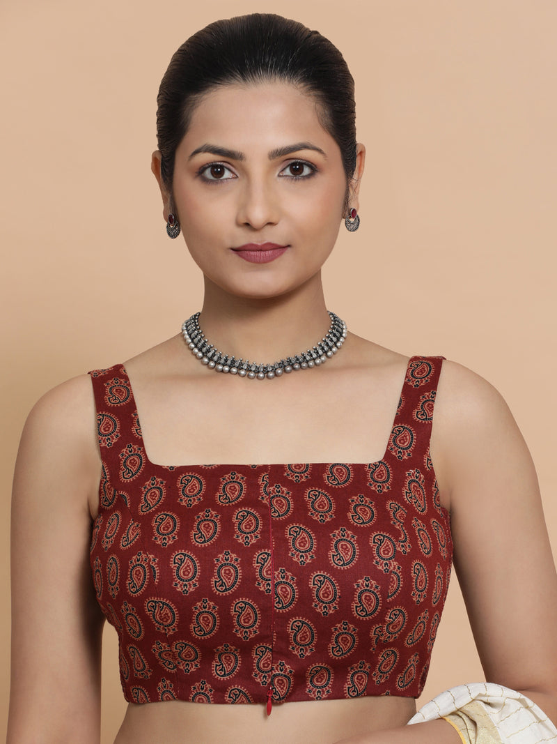 Naina x Rozaana | Sleeveless Cotton Saree Blouse in Red Mango Block Print Fabric-Binks