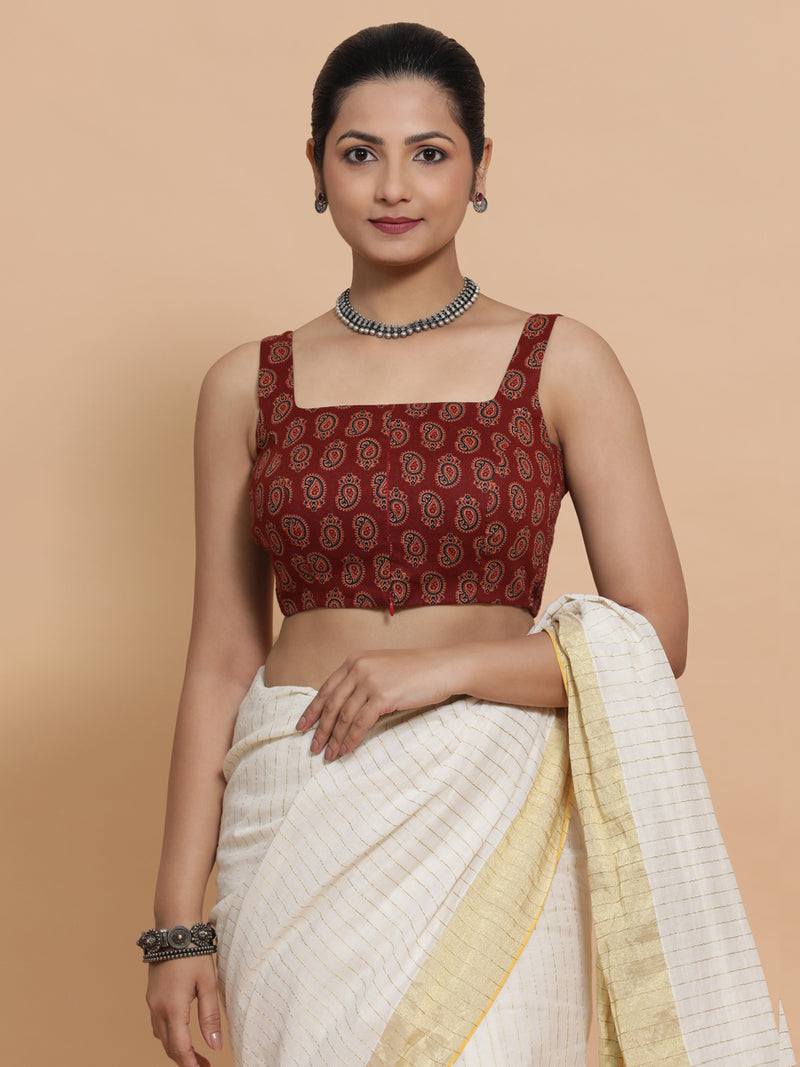 Naina x Rozaana | Sleeveless Cotton Saree Blouse in Red Mango Block Print Fabric-Binks