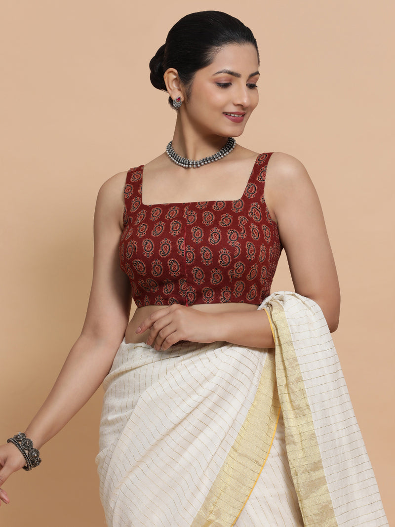 Naina x Rozaana | Sleeveless Cotton Saree Blouse in Red Mango Block Print Fabric-Binks