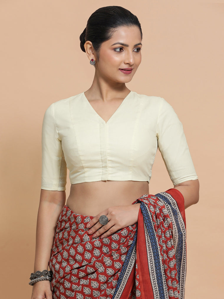 Nalani x Rozaana Saree Blouse, in White Linen, featuring elbow sleeves and v-neckline, made for daily & work.