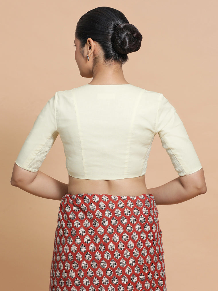Nalani x Rozaana Saree Blouse, in White Linen, featuring elbow sleeves and v-neckline, made for daily & work (view 2).