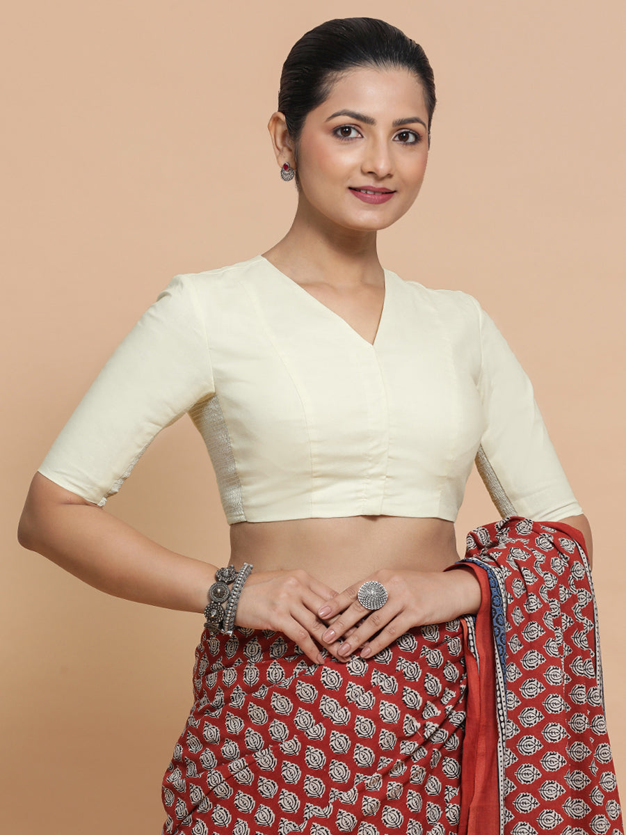 Nalani x Rozaana Saree Blouse, in White Linen, featuring elbow sleeves and v-neckline, made for daily & work (view 5).