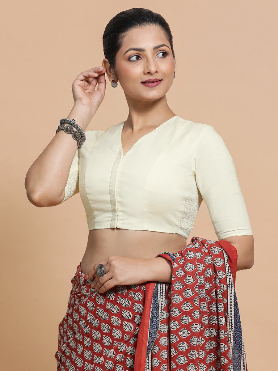 Nalani x Rozaana Saree Blouse, in White Linen, featuring elbow sleeves and v-neckline, made for daily & work (view 8).