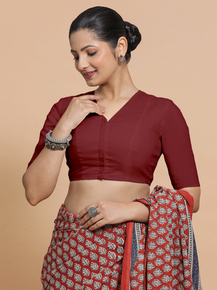 Nalani x Rozaana Saree Blouse, in Red Linen, featuring elbow sleeves and v-neckline, made for daily & work.