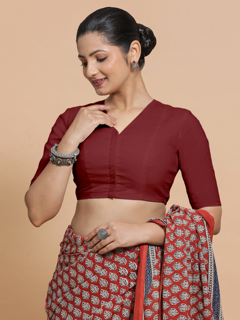 Nalani x Rozaana | Elbow Sleeves Saree Blouse in Cranberry Red Linen-Binks
