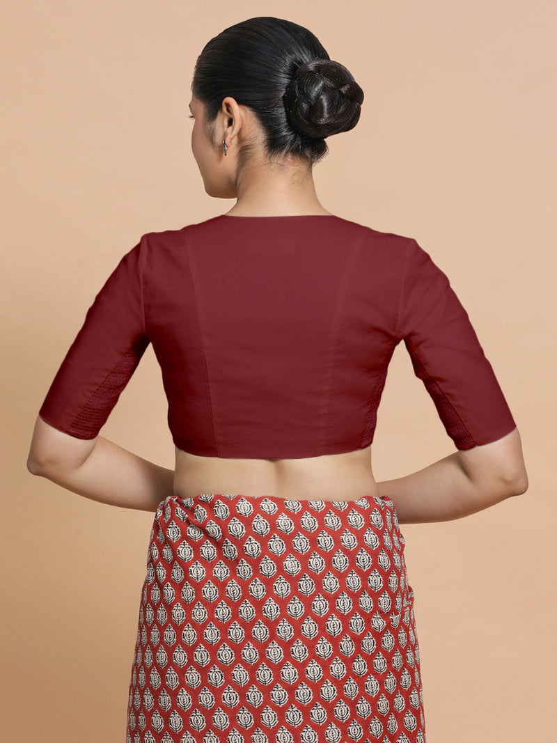 Nalani x Rozaana | Elbow Sleeves Saree Blouse in Cranberry Red Linen-Binks