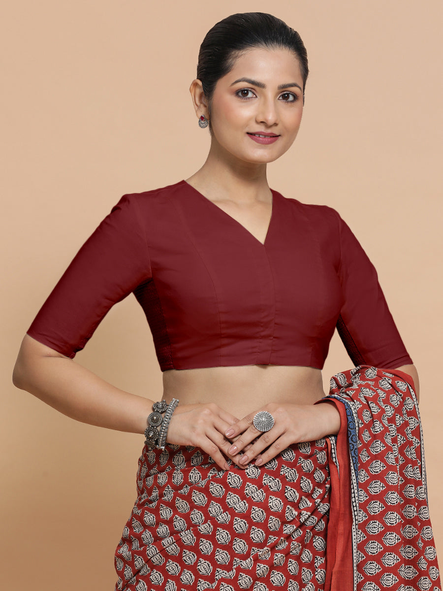 Nalani x Rozaana Saree Blouse, in Red Linen, featuring elbow sleeves and v-neckline, made for daily & work (view 5).
