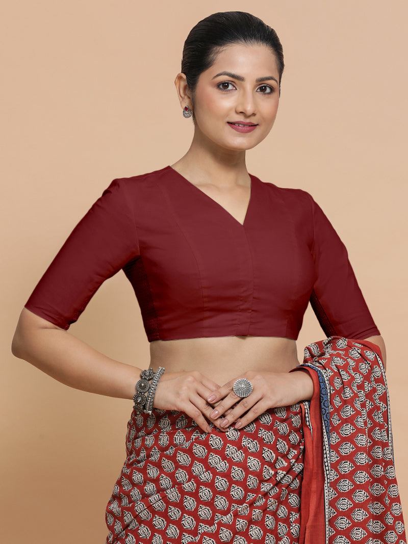 Nalani x Rozaana | Elbow Sleeves Saree Blouse in Cranberry Red Linen-Binks