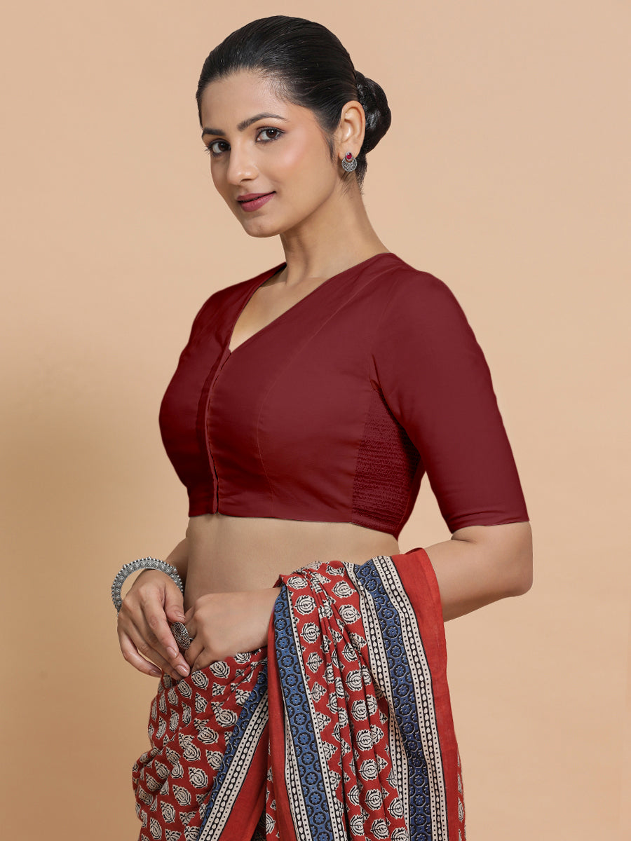 Nalani x Rozaana Saree Blouse, in Red Linen, featuring elbow sleeves and v-neckline, made for daily & work (view 6).