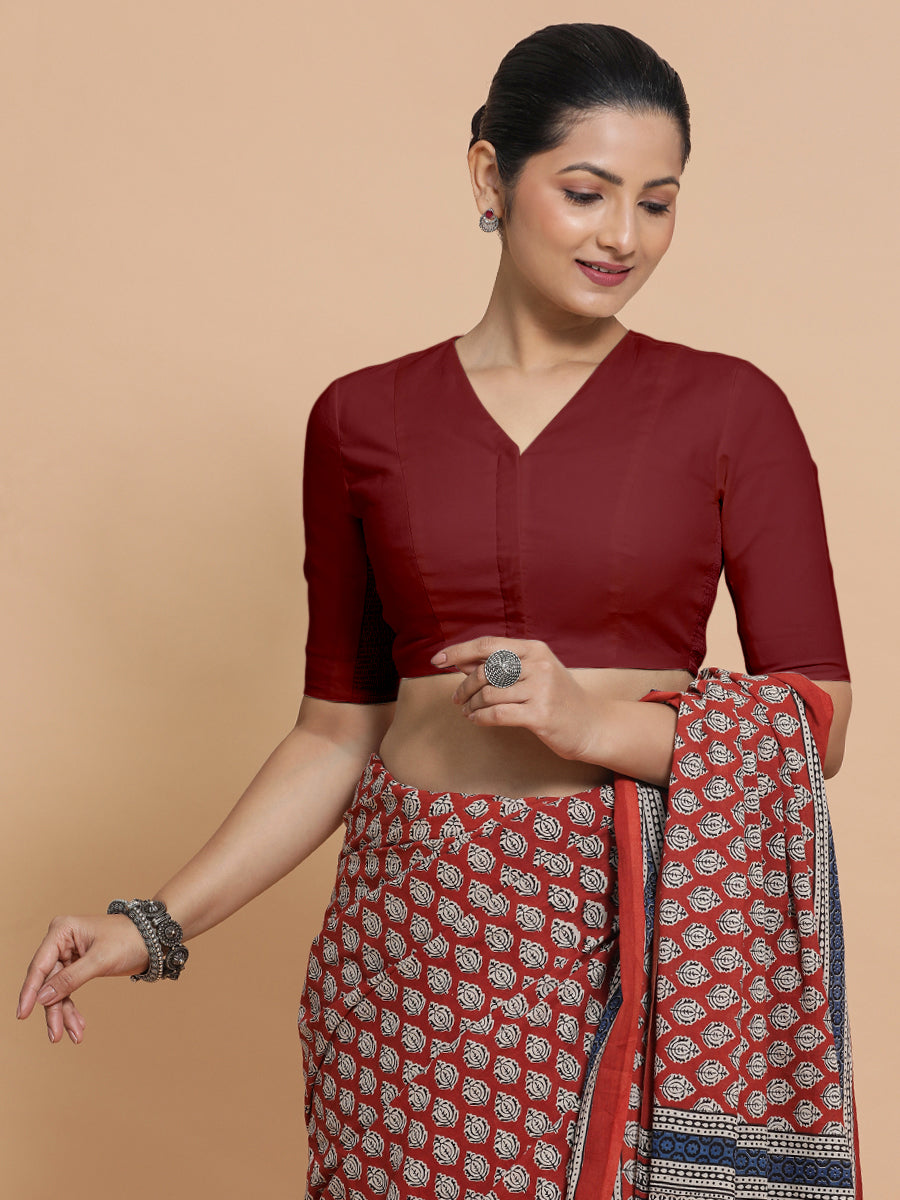 Nalani x Rozaana Saree Blouse, in Red Linen, featuring elbow sleeves and v-neckline, made for daily & work (view 7).
