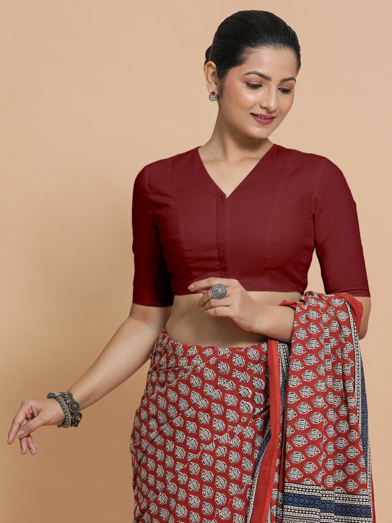 Nalani x Rozaana | Elbow Sleeves Saree Blouse in Cranberry Red Linen-Binks