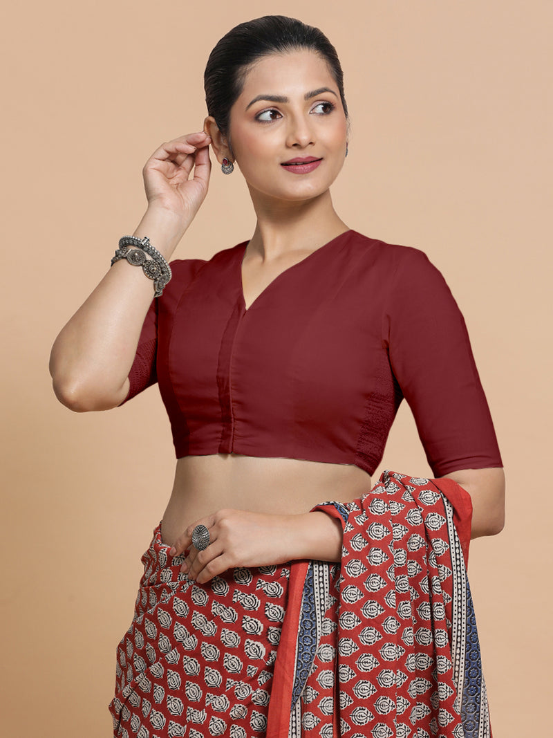 Nalani x Rozaana | Elbow Sleeves Saree Blouse in Cranberry Red Linen-Binks