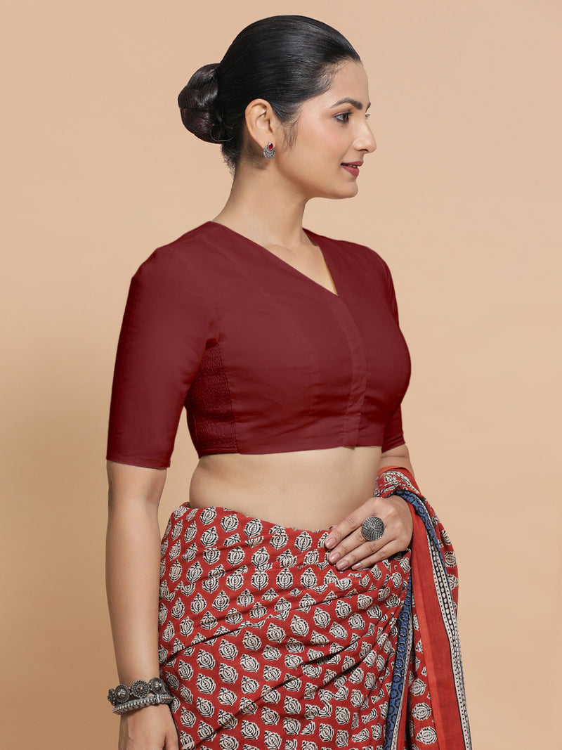 Nalani x Rozaana | Elbow Sleeves Saree Blouse in Cranberry Red Linen-Binks