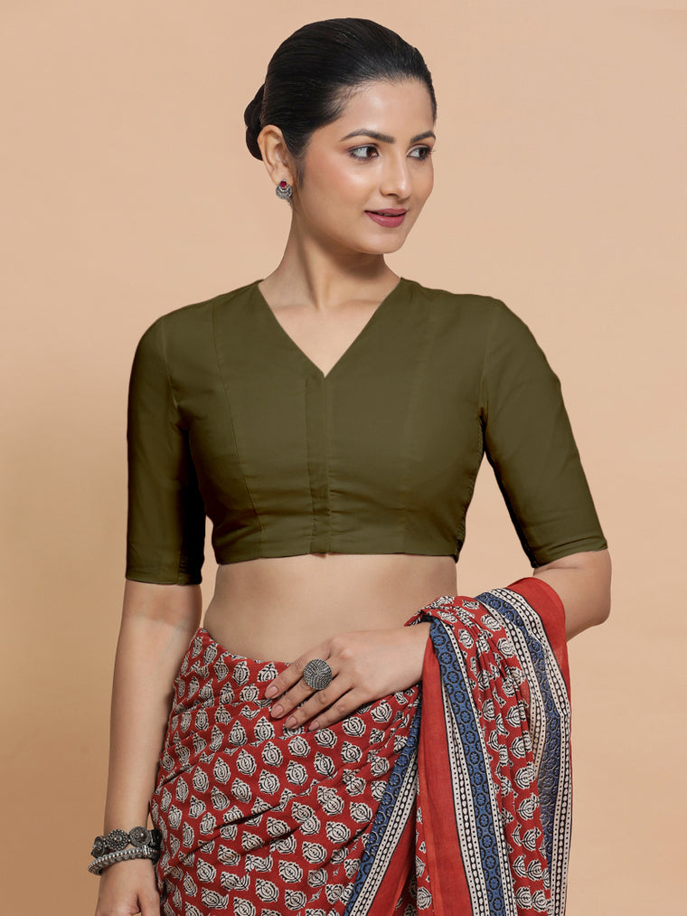 Nalani x Rozaana Saree Blouse, in Green Linen, featuring elbow sleeves and v-neckline, made for daily & work.