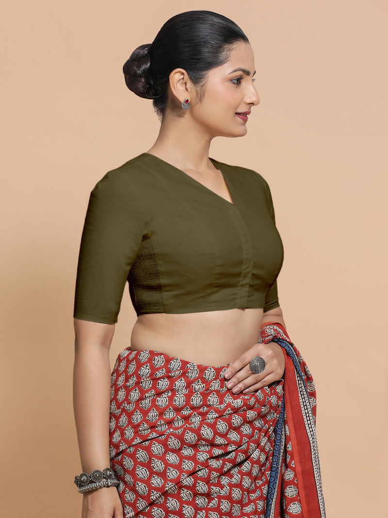 Nalani x Rozaana | Elbow Sleeves Saree Blouse in Deep Olive Green Linen-Binks