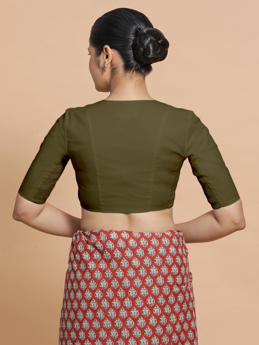 Nalani x Rozaana Saree Blouse, in Green Linen, featuring elbow sleeves and v-neckline, made for daily & work (view 2).