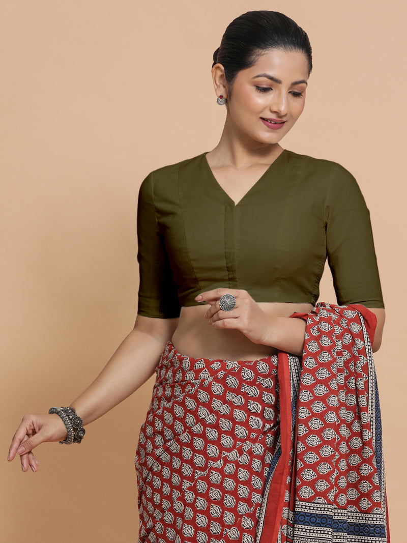Nalani x Rozaana | Elbow Sleeves Saree Blouse in Deep Olive Green Linen-Binks