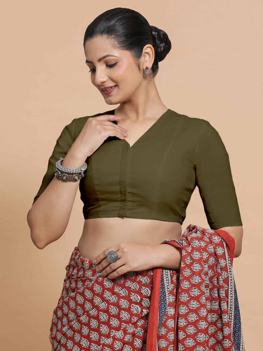 Nalani x Rozaana Saree Blouse, in Green Linen, featuring elbow sleeves and v-neckline, made for daily & work (view 8).
