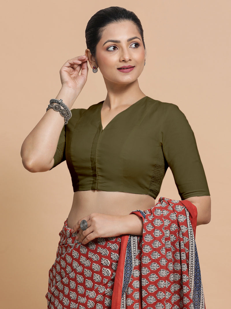 Nalani x Rozaana | Elbow Sleeves Saree Blouse in Deep Olive Green Linen-Binks