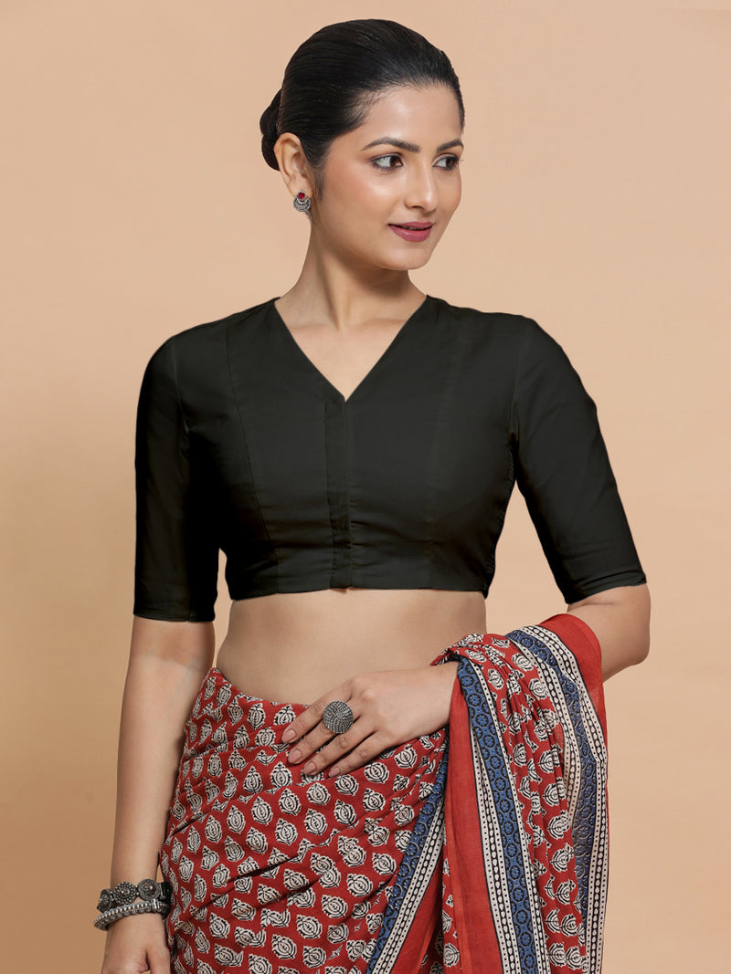 Nalani x Rozaana | Elbow Sleeves Saree Blouse in Ebony Black Linen-Binks