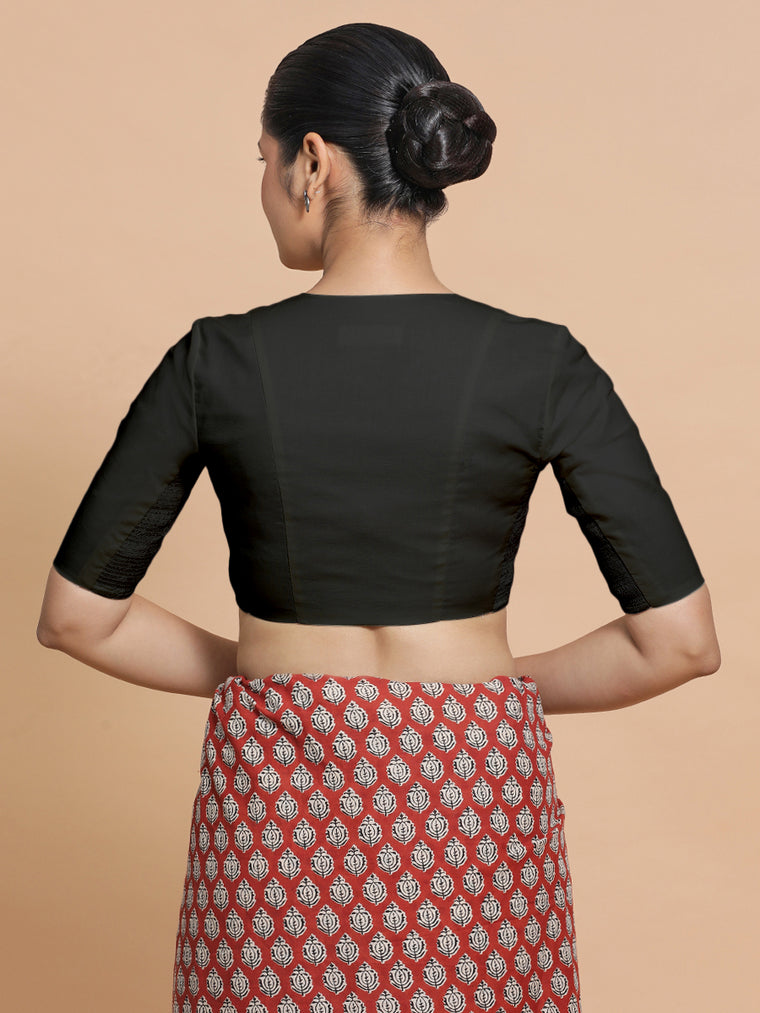 Nalani x Rozaana Saree Blouse, in Black Linen, featuring elbow sleeves and v-neckline, made for daily & work (view 2).