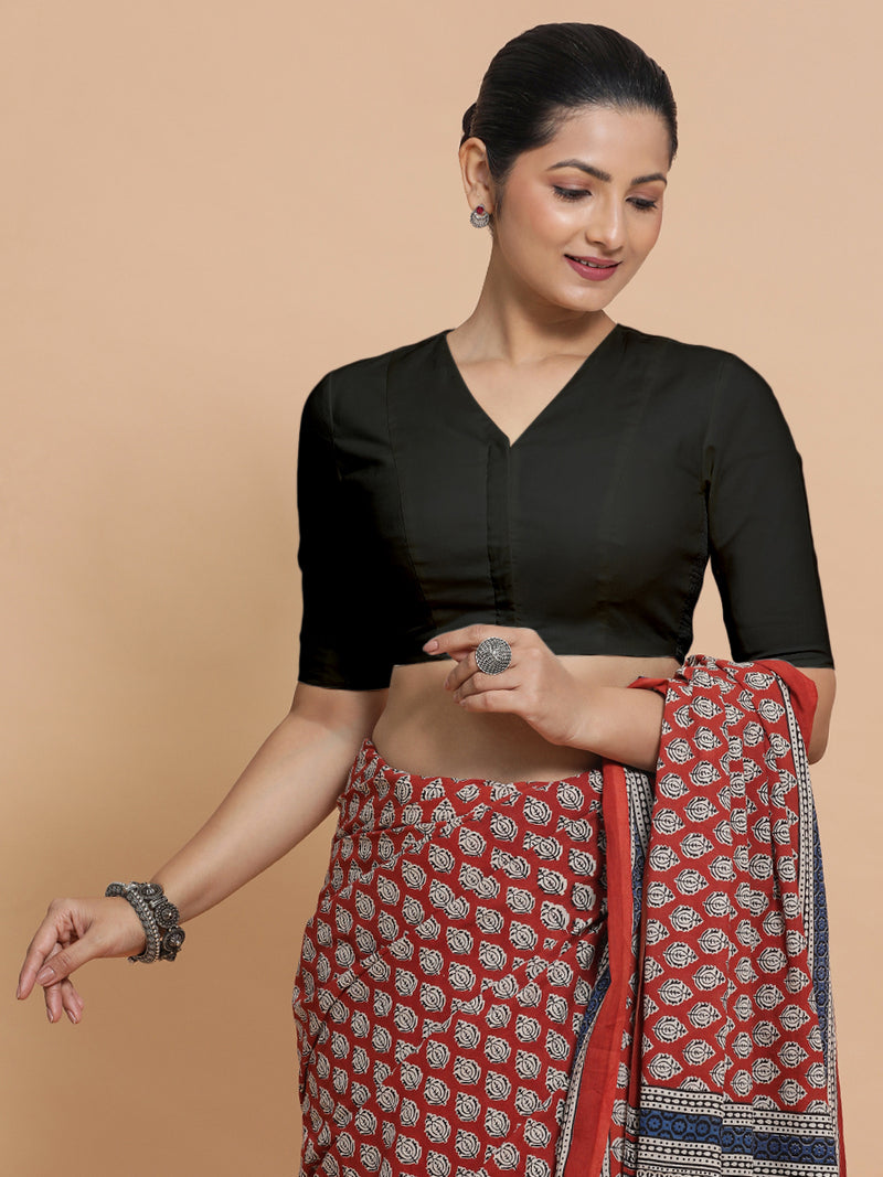 Nalani x Rozaana | Elbow Sleeves Saree Blouse in Ebony Black Linen-Binks
