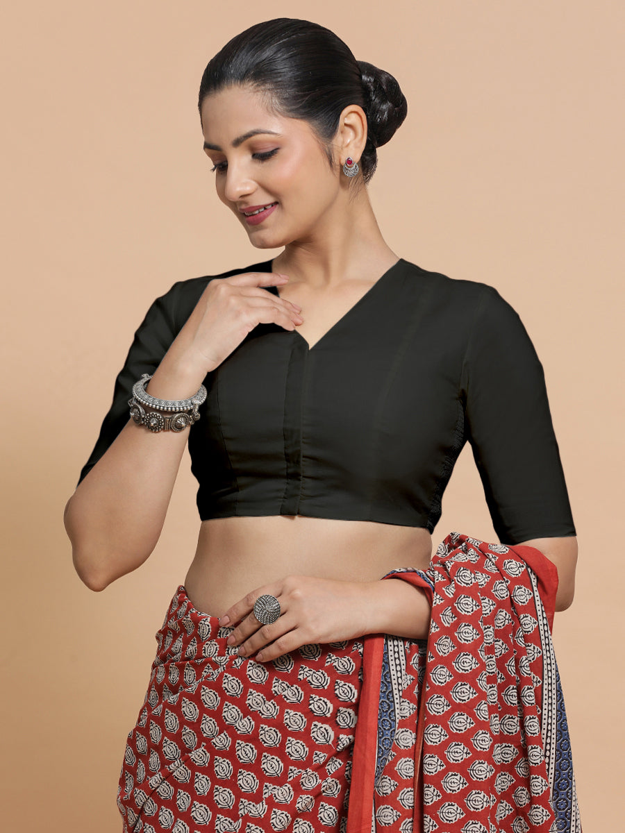 Nalani x Rozaana Saree Blouse, in Black Linen, featuring elbow sleeves and v-neckline, made for daily & work (view 8).