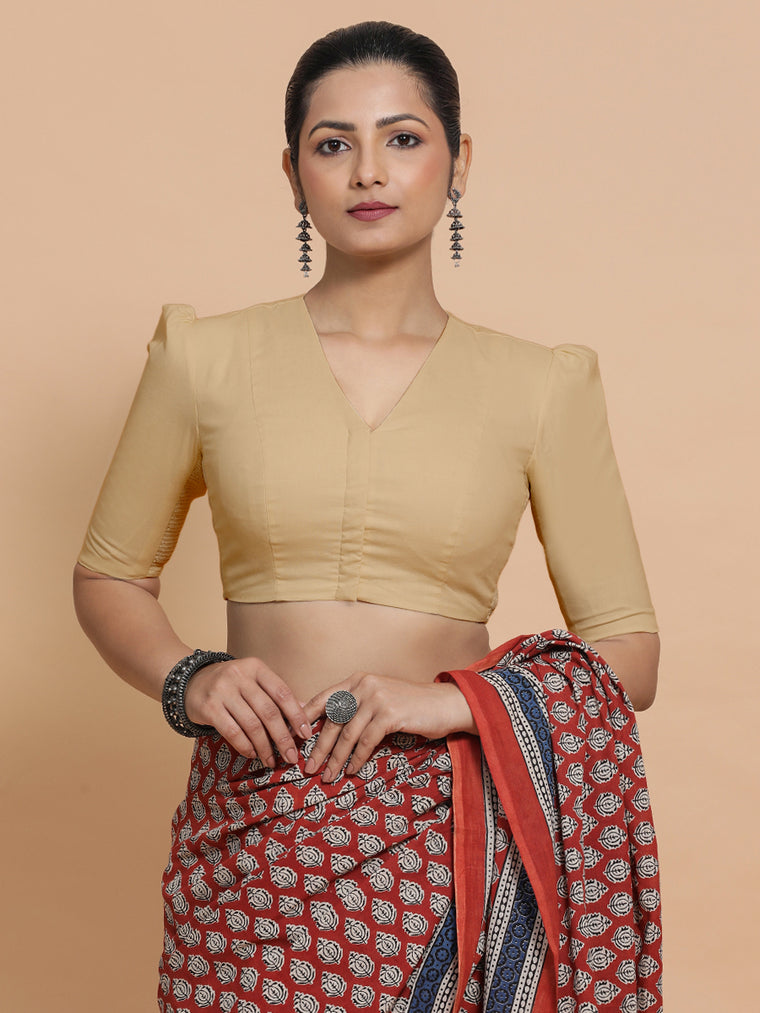 Nalani x Rozaana Saree Blouse, in Beige Linen, featuring elbow sleeves and v-neckline, made for daily & work.