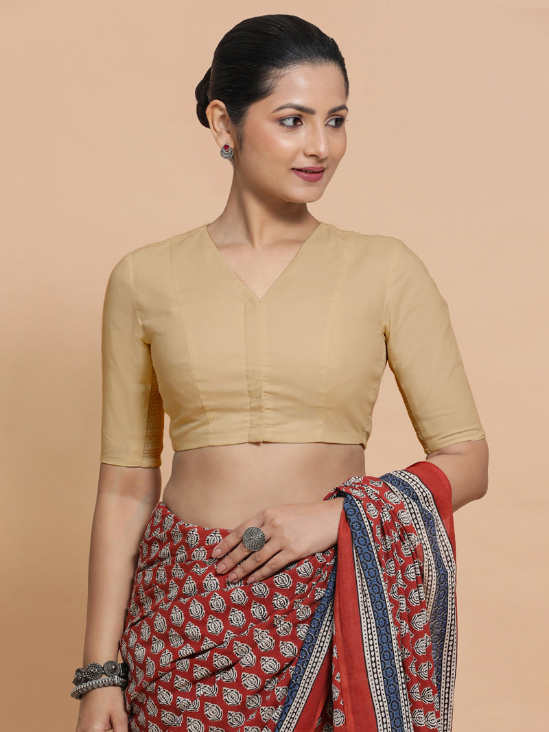 Nalani x Rozaana | Elbow Sleeves Saree Blouse in Ecru Beige Linen-Binks