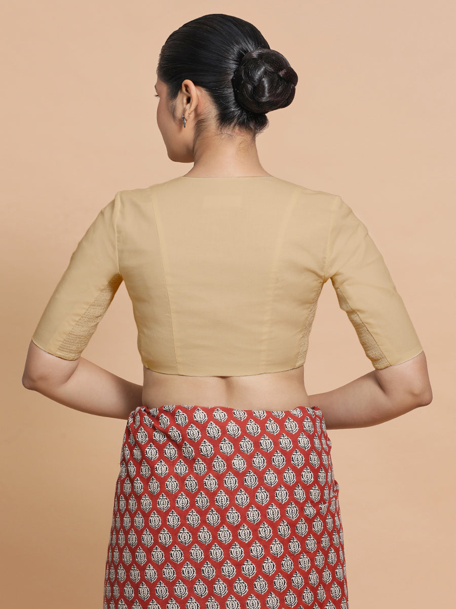 Nalani x Rozaana Saree Blouse, in Beige Linen, featuring elbow sleeves and v-neckline, made for daily & work (view 2).