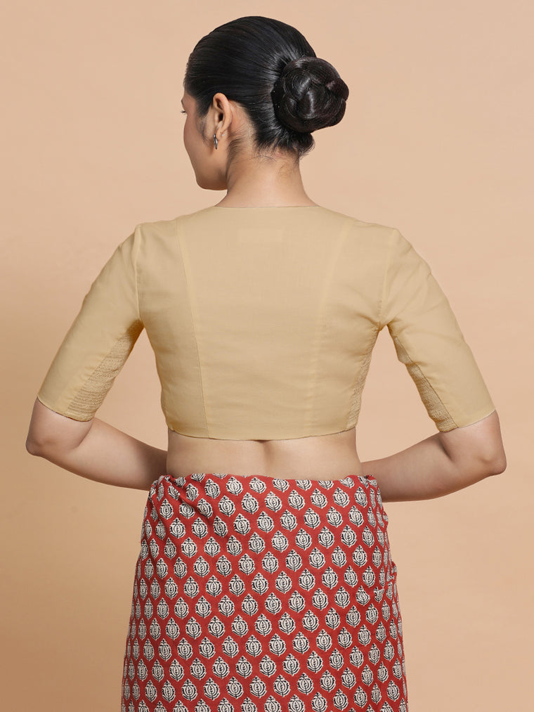 Nalani x Rozaana Saree Blouse, in Beige Linen, featuring elbow sleeves and v-neckline, made for daily & work (view 2).
