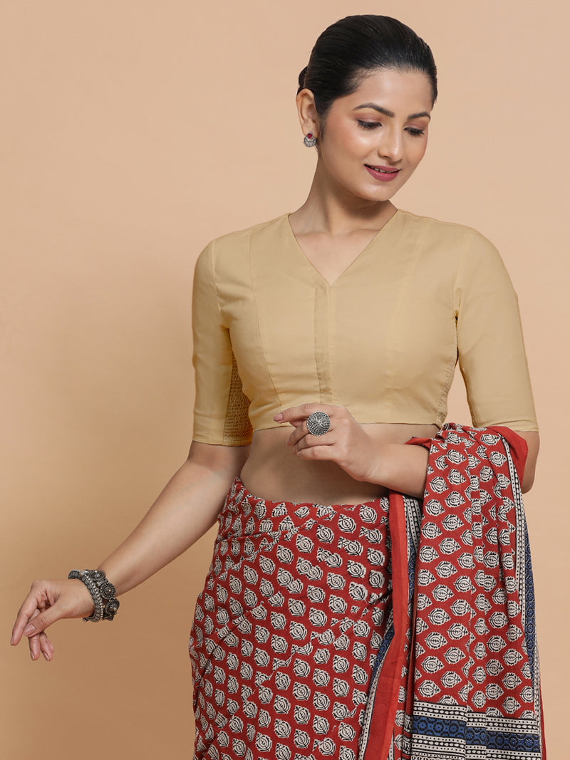 Nalani x Rozaana | Elbow Sleeves Saree Blouse in Ecru Beige Linen-Binks