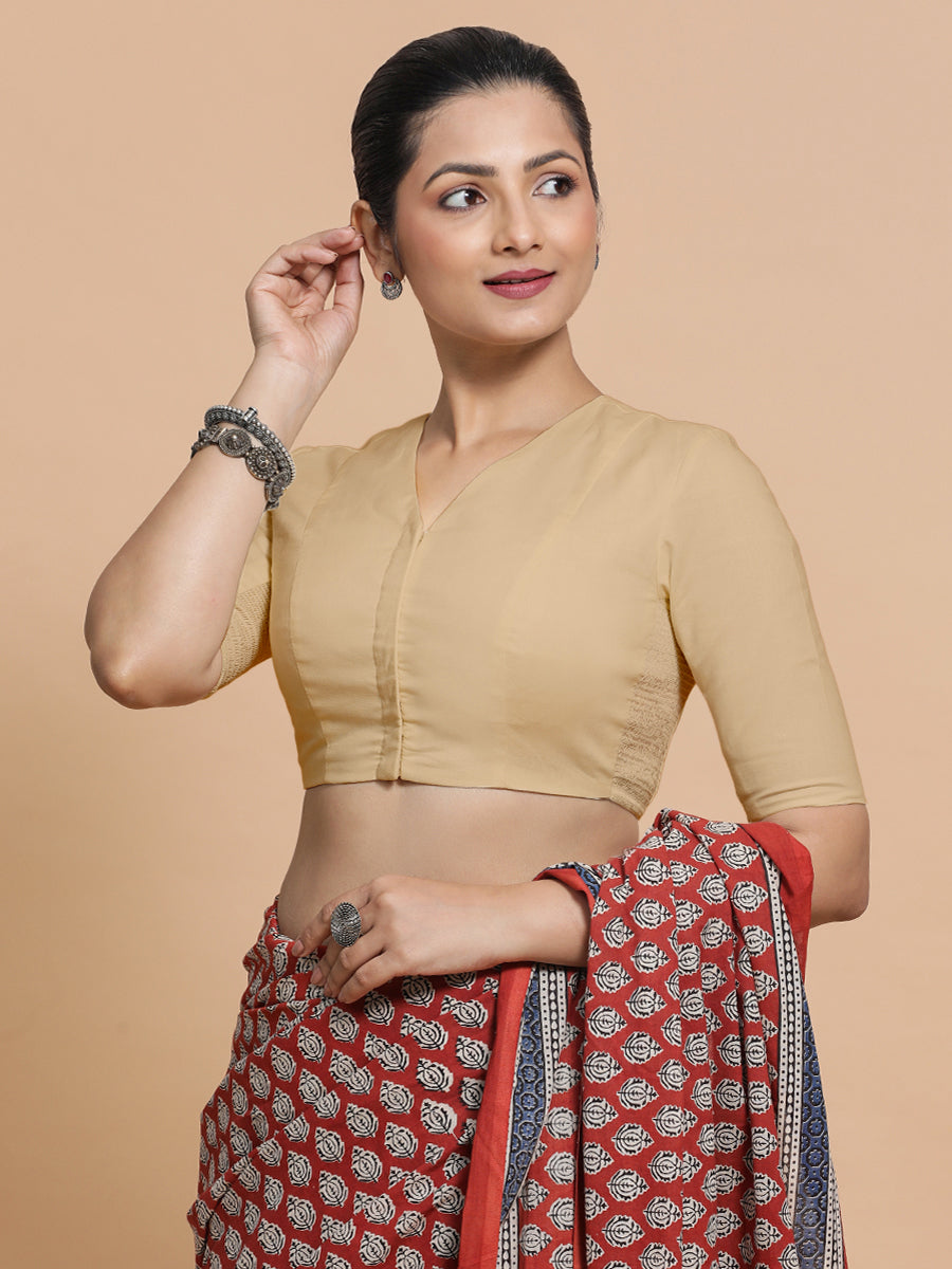 Nalani x Rozaana Saree Blouse, in Beige Linen, featuring elbow sleeves and v-neckline, made for daily & work (view 8).
