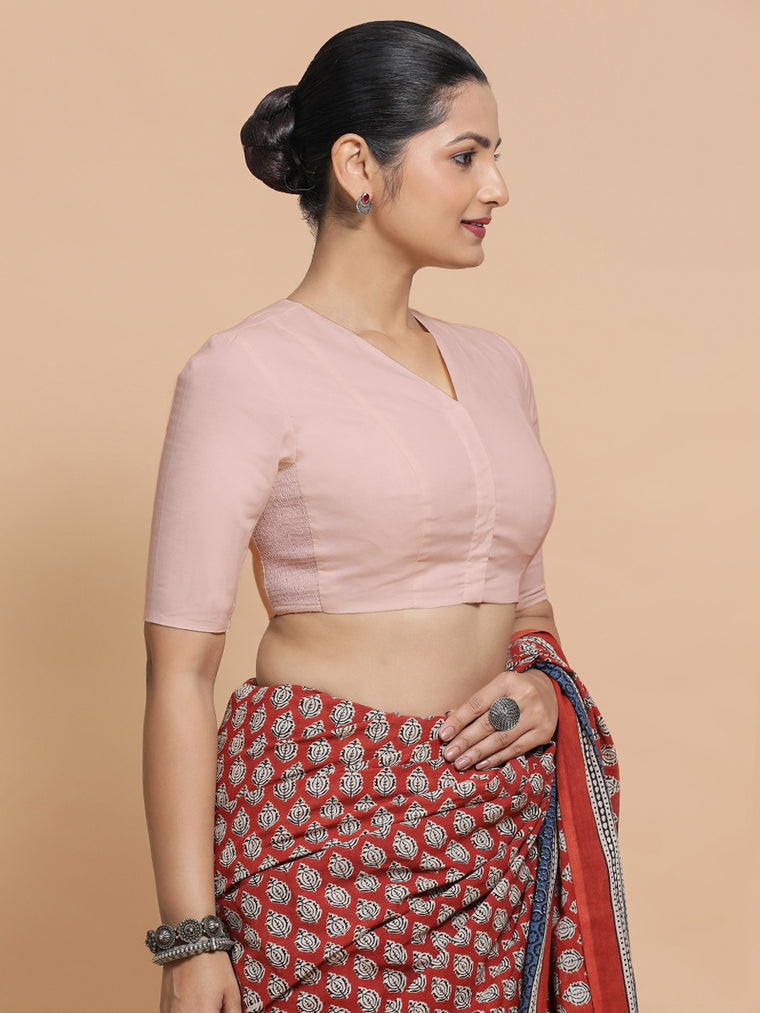 Nalani x Rozaana Saree Blouse, in Pink Linen, featuring elbow sleeves and v-neckline, made for daily & work.