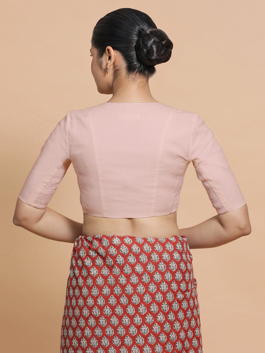Nalani x Rozaana Saree Blouse, in Pink Linen, featuring elbow sleeves and v-neckline, made for daily & work (view 2).