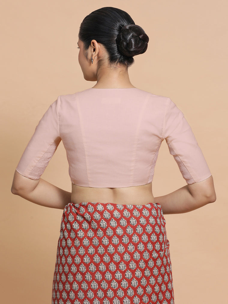 Nalani x Rozaana Saree Blouse, in Pink Linen, featuring elbow sleeves and v-neckline, made for daily & work (view 2).