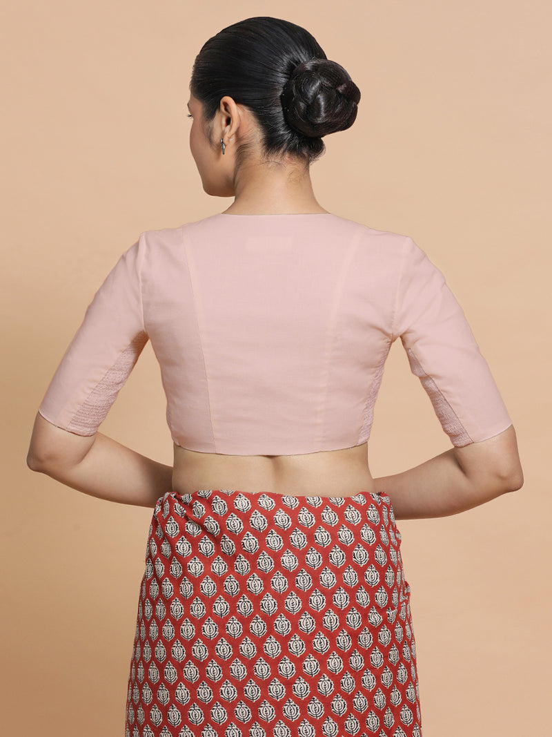 Nalani x Rozaana | Elbow Sleeves Saree Blouse in Misty Pink Linen-Binks