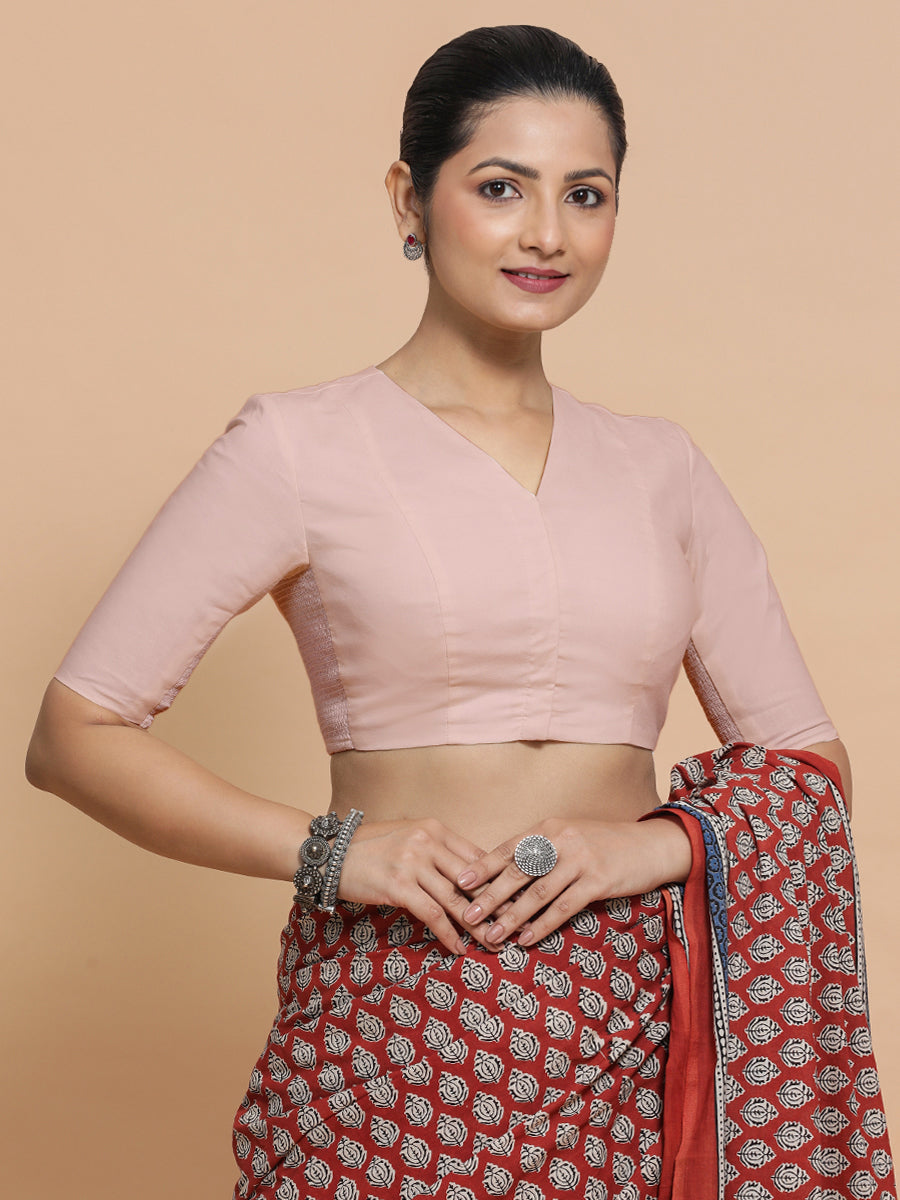 Nalani x Rozaana Saree Blouse, in Pink Linen, featuring elbow sleeves and v-neckline, made for daily & work (view 5).