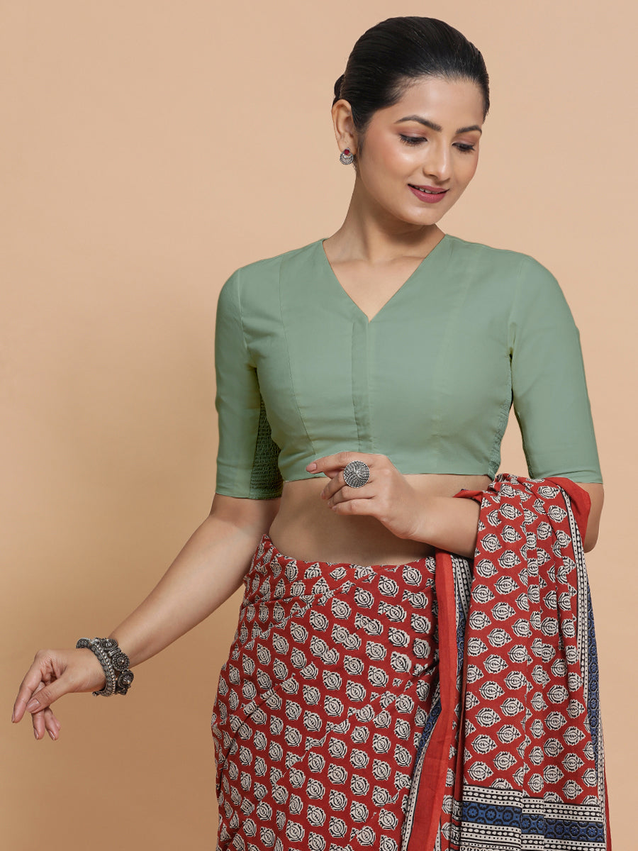 Nalani x Rozaana | Elbow Sleeves Saree Blouse in Peppermint Green Linen