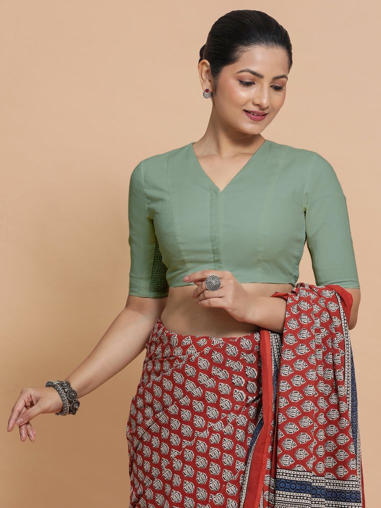 Nalani x Rozaana Saree Blouse, in Green Linen, featuring elbow sleeves and v-neckline, made for daily & work.