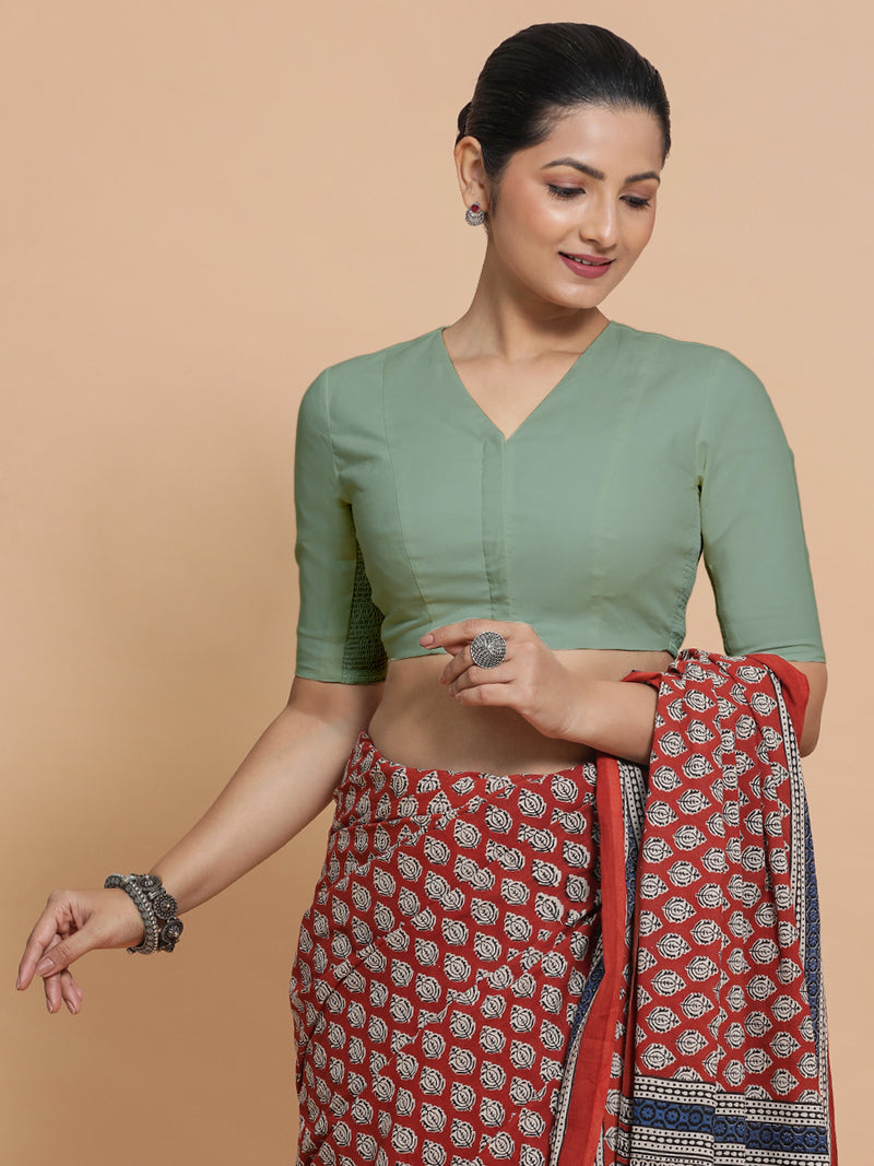 Nalani x Rozaana | Elbow Sleeves Saree Blouse in Peppermint Green Linen-Binks