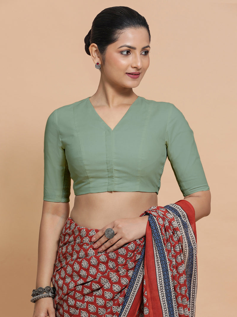 Nalani x Rozaana | Elbow Sleeves Saree Blouse in Peppermint Green Linen-Binks