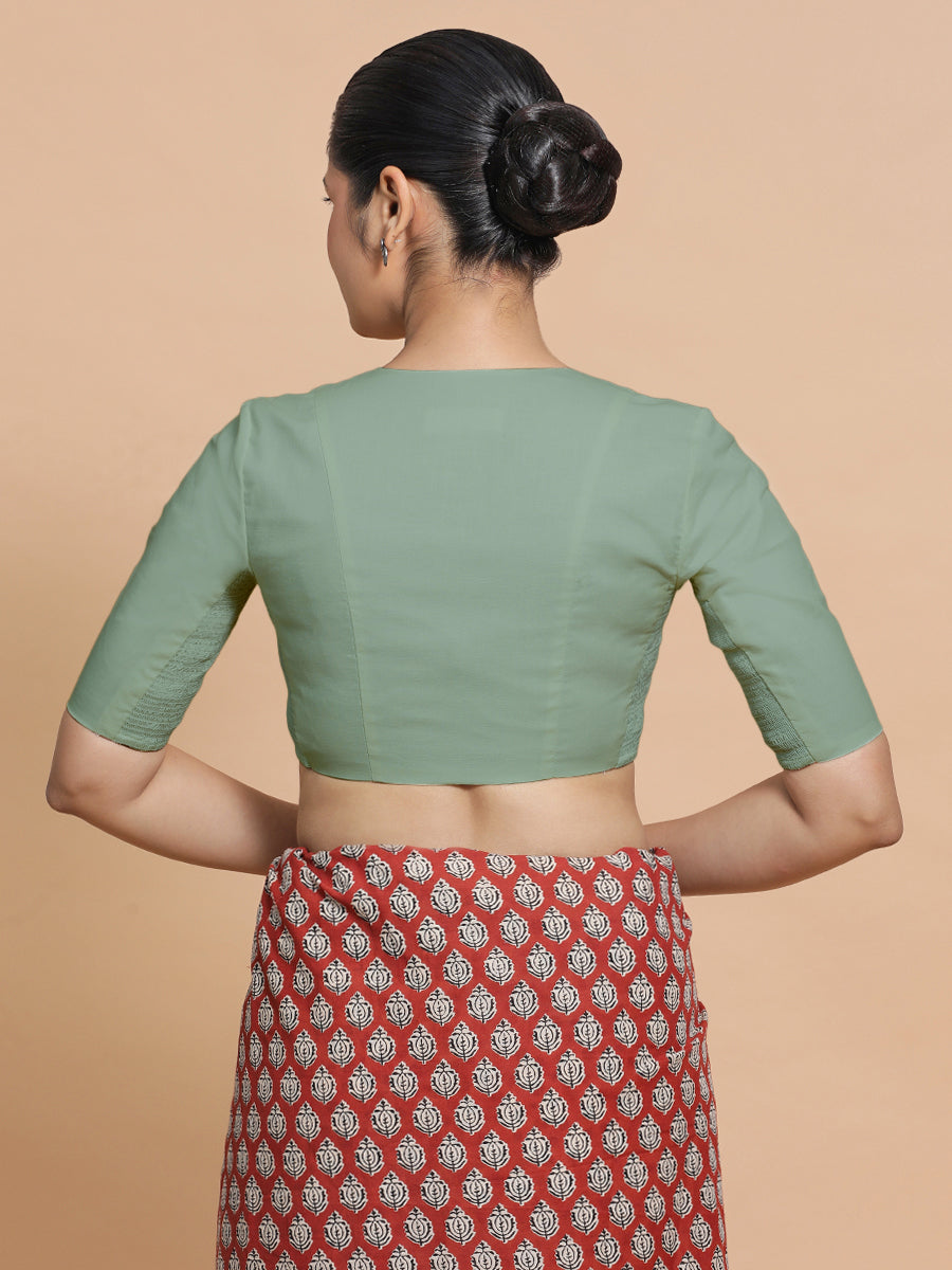 Nalani x Rozaana Saree Blouse, in Green Linen, featuring elbow sleeves and v-neckline, made for daily & work (view 2).