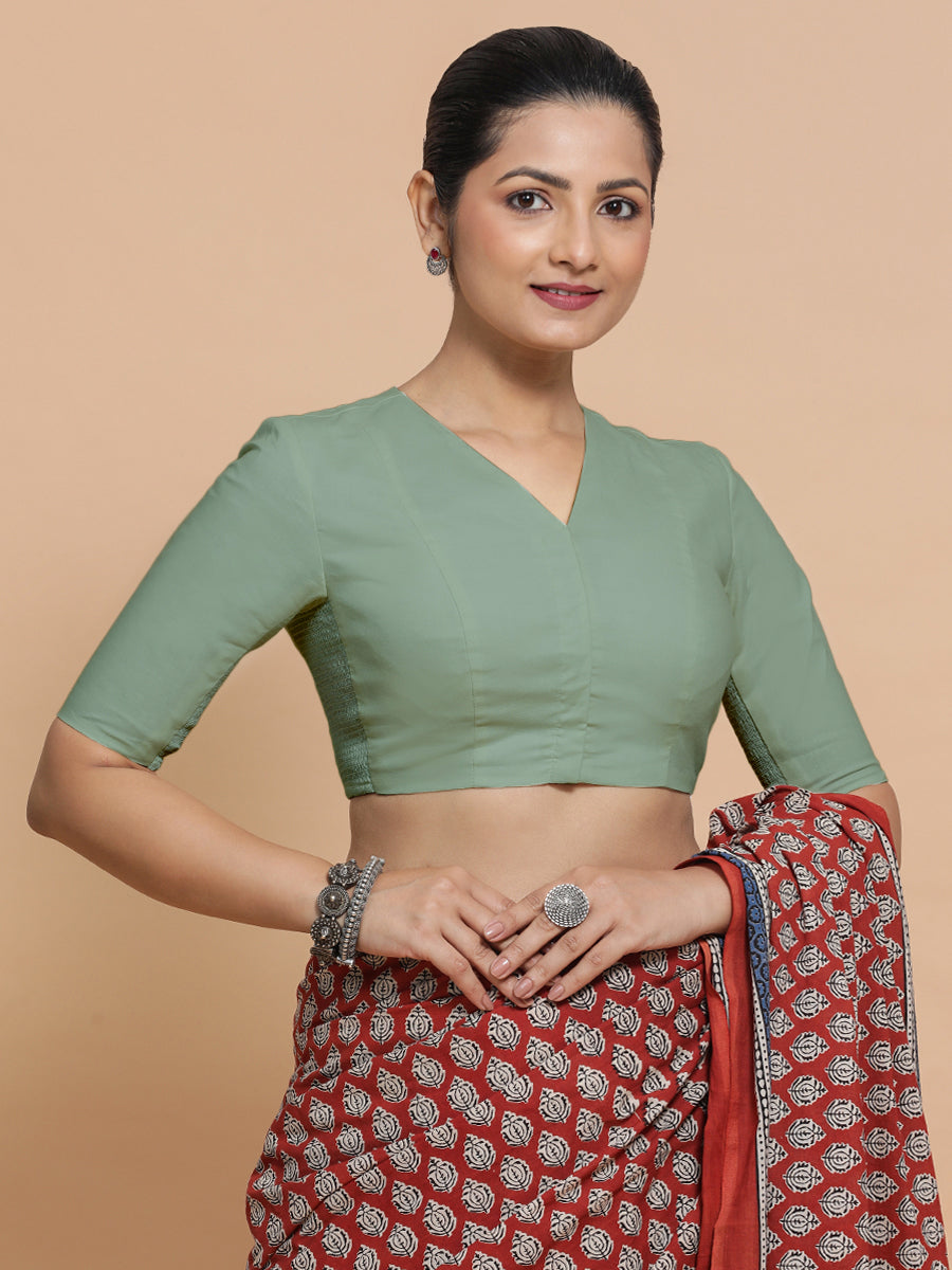 Nalani x Rozaana Saree Blouse, in Green Linen, featuring elbow sleeves and v-neckline, made for daily & work (view 5).