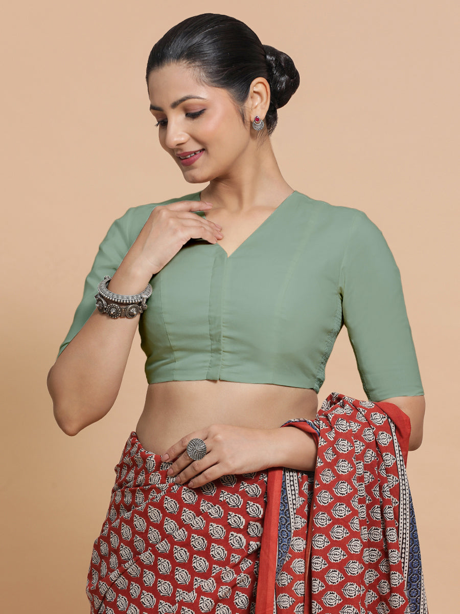 Nalani x Rozaana Saree Blouse, in Green Linen, featuring elbow sleeves and v-neckline, made for daily & work (view 7).